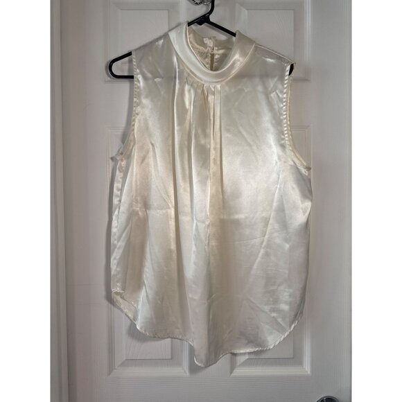 Sleeveless Ivory Satin Blouse Pleated Front By Appleseeds Size 16W Holiday - Picture 1 of 9